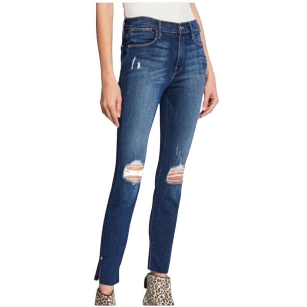 Frame Jeans 27‎ Le High Skinny Ankle Slit Dark Wash Denim Distressed High Rise
